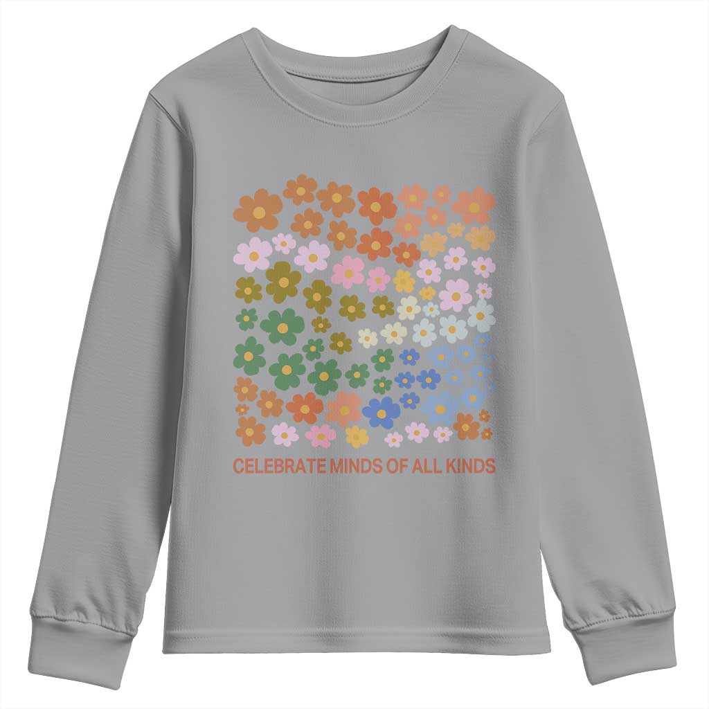 Neurodiversity Boho Floral Youth Sweatshirt Celebrate Minds of All Kinds Autism ADHD ASD TS02 Sport Gray Print Your Wear