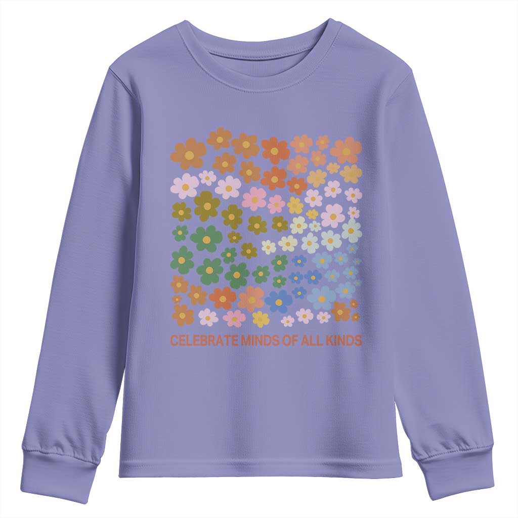 Neurodiversity Boho Floral Youth Sweatshirt Celebrate Minds of All Kinds Autism ADHD ASD TS02 Violet Print Your Wear