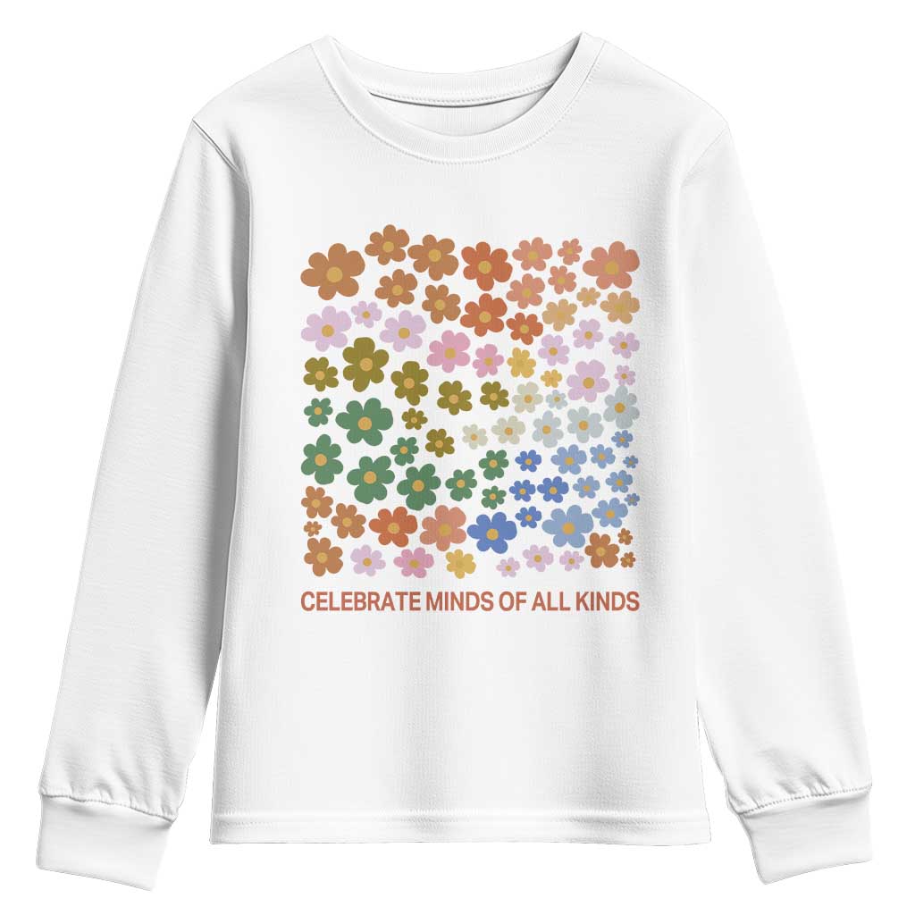 Neurodiversity Boho Floral Youth Sweatshirt Celebrate Minds of All Kinds Autism ADHD ASD TS02 White Print Your Wear