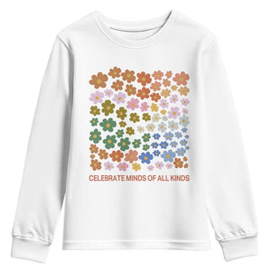 Neurodiversity Boho Floral Youth Sweatshirt Celebrate Minds of All Kinds Autism ADHD ASD TS02 White Print Your Wear