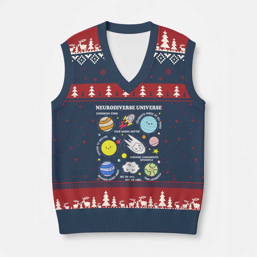 Neurodiverse Universe V-Neck Knit Sweater Vest Autism Awareness ADHD ASD Neurodiversity TS02 Navy Red Print Your Wear