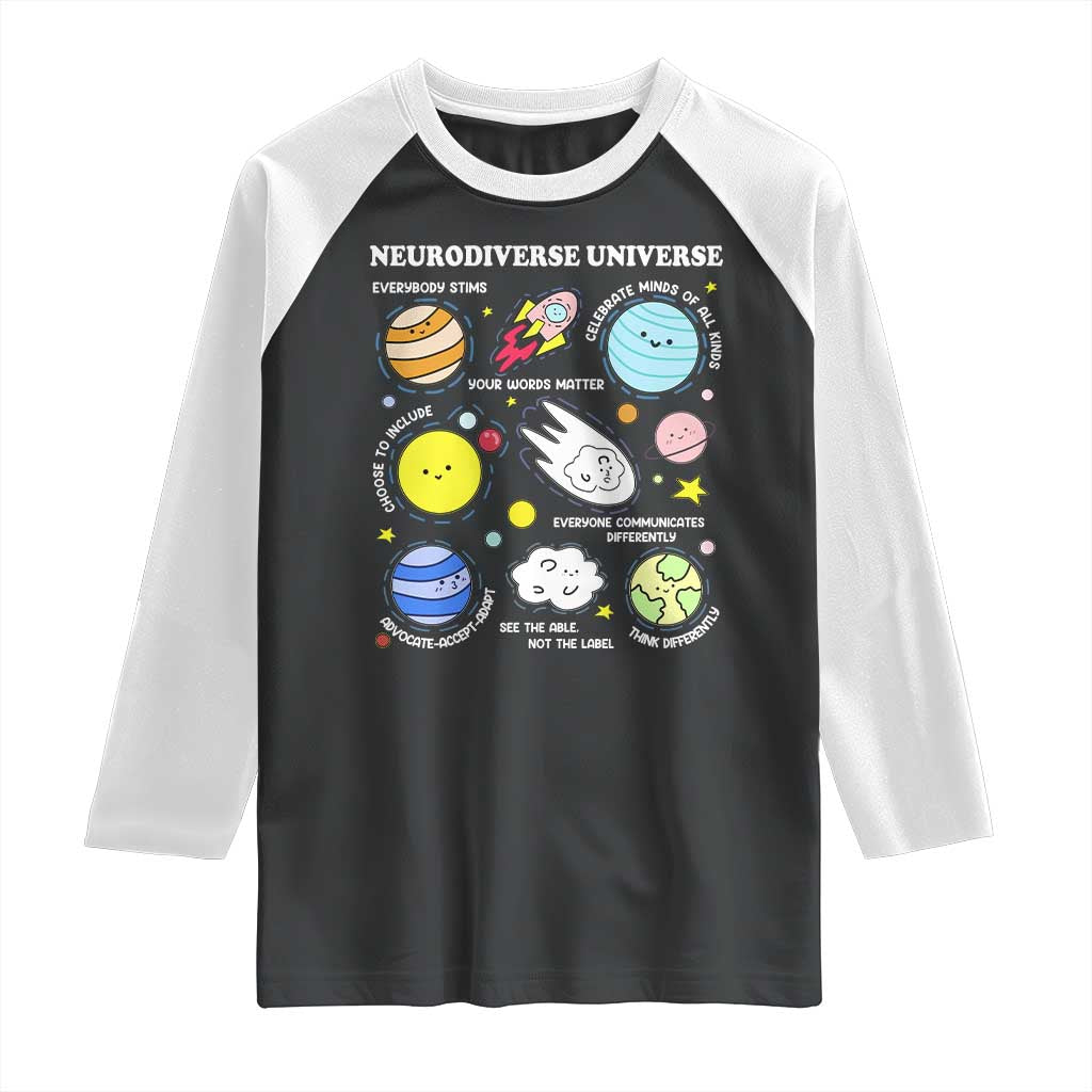 Neurodiverse Universe Raglan Shirt Autism Awareness ADHD ASD Neurodiversity TS02 Black White Print Your Wear