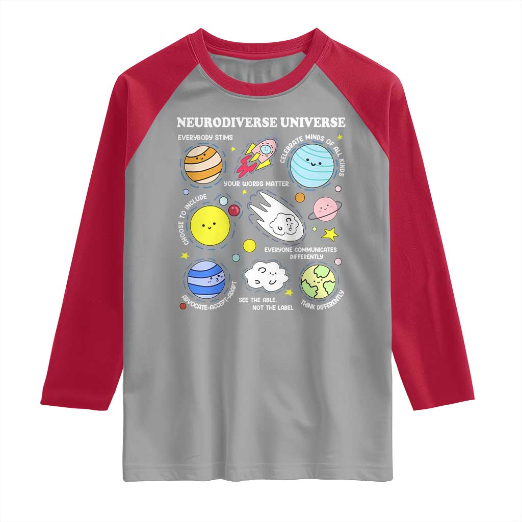 Neurodiverse Universe Raglan Shirt Autism Awareness ADHD ASD Neurodiversity TS02 Sport Gray Red Print Your Wear