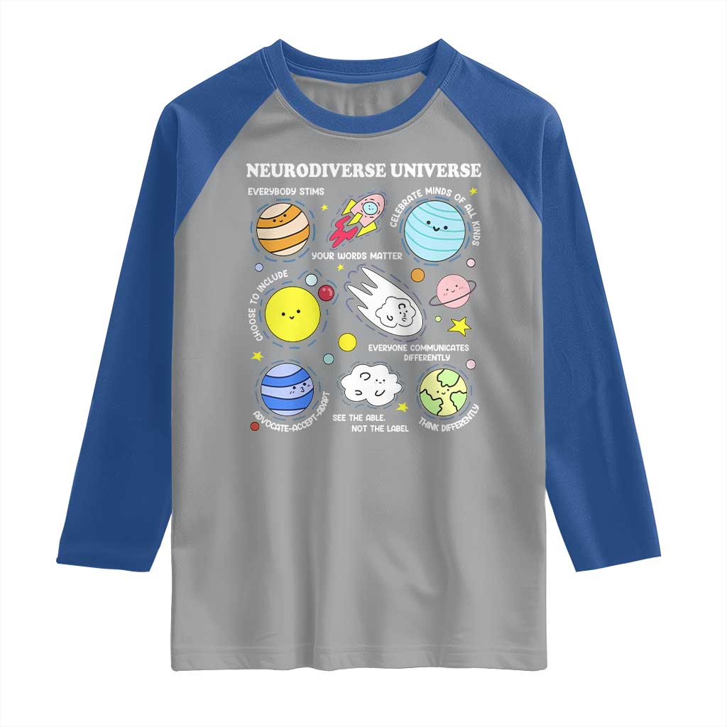 Neurodiverse Universe Raglan Shirt Autism Awareness ADHD ASD Neurodiversity TS02 Sport Gray Royal Print Your Wear