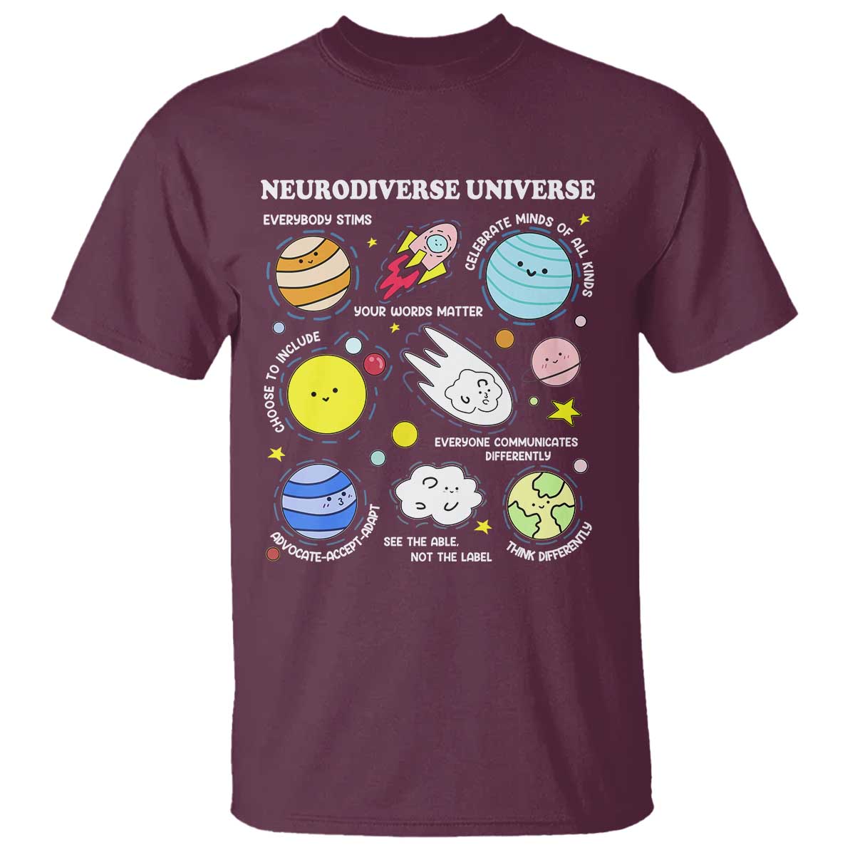 Neurodiverse Universe T Shirt Autism Awareness ADHD ASD Neurodiversity TS02 Maroon Print Your Wear