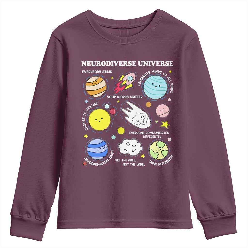 Neurodiverse Universe Youth Sweatshirt Autism Awareness ADHD ASD Neurodiversity TS02 Maroon Print Your Wear