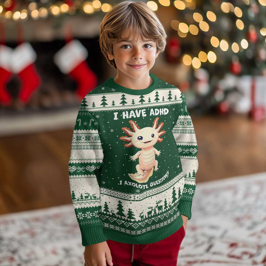 Funny ADHD Awareness Axolotl Ugly Christmas Sweater I Have ADHD I Ask A Lot Question Neurodiversity TS02 Forest Green Beige Print Your Wear