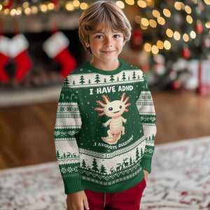 Funny ADHD Awareness Axolotl Ugly Christmas Sweater I Have ADHD I Ask A Lot Question Neurodiversity TS02 Forest Green Beige Print Your Wear