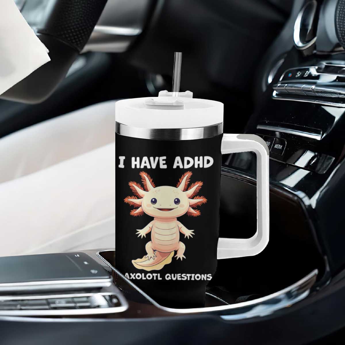 Funny ADHD Awareness Axolotl Tumbler With Handle I Have ADHD I Ask A Lot Question Neurodiversity TS02 Print Your Wear