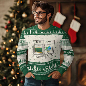 Funny Teacher Summer Break Ugly Christmas Sweater First Teach Then Beach Vacation Mode TS02 Beige Green Print Your Wear