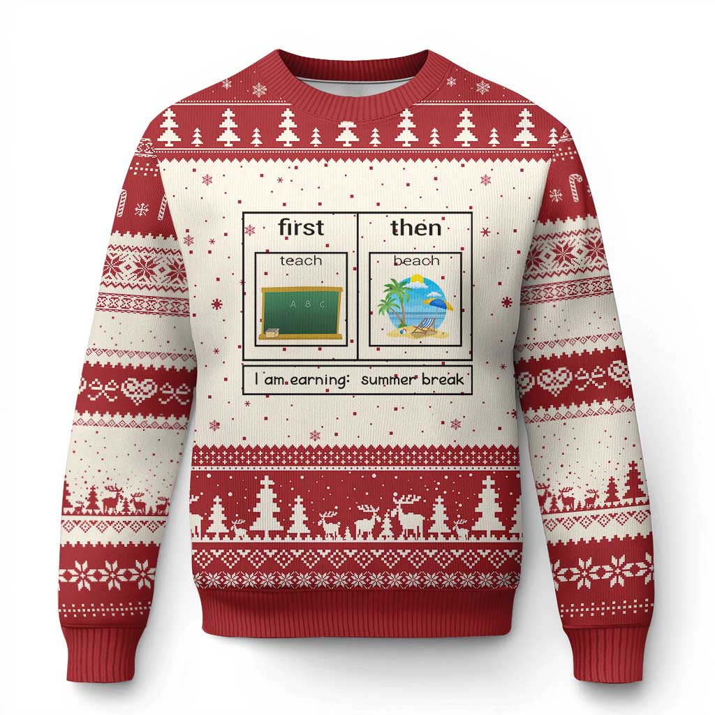 Funny Teacher Summer Break Ugly Christmas Sweater First Teach Then Beach Vacation Mode TS02 Beige Red Print Your Wear