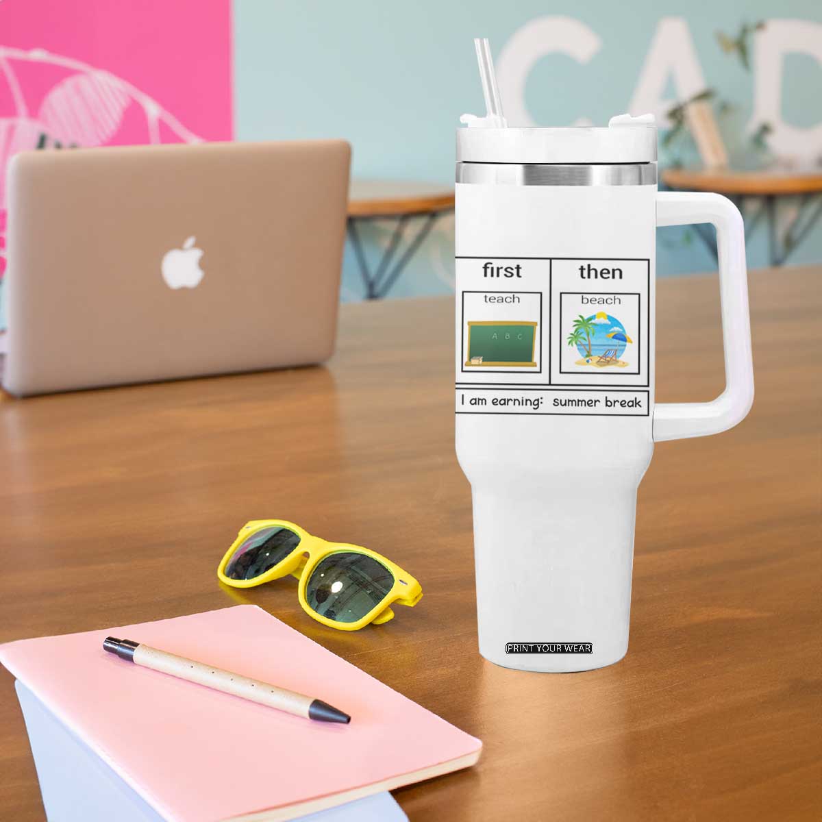 Funny Teacher Summer Break Tumbler With Handle First Teach Then Beach Vacation Mode TS02 Print Your Wear