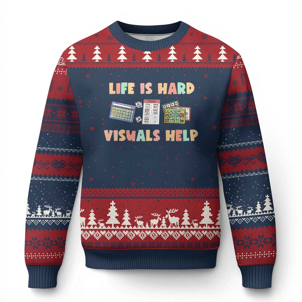 Special Education Ugly Christmas Sweater Life Is Hard Visuals Help Sped Teacher TS02 Navy Red Print Your Wear