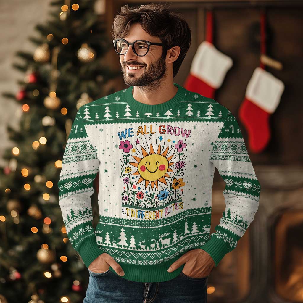 Special Education Ugly Christmas Sweater We All Grow At Different Rates Inspirational Inclusion Sped Teacher TS02 Beige Green Print Your Wear