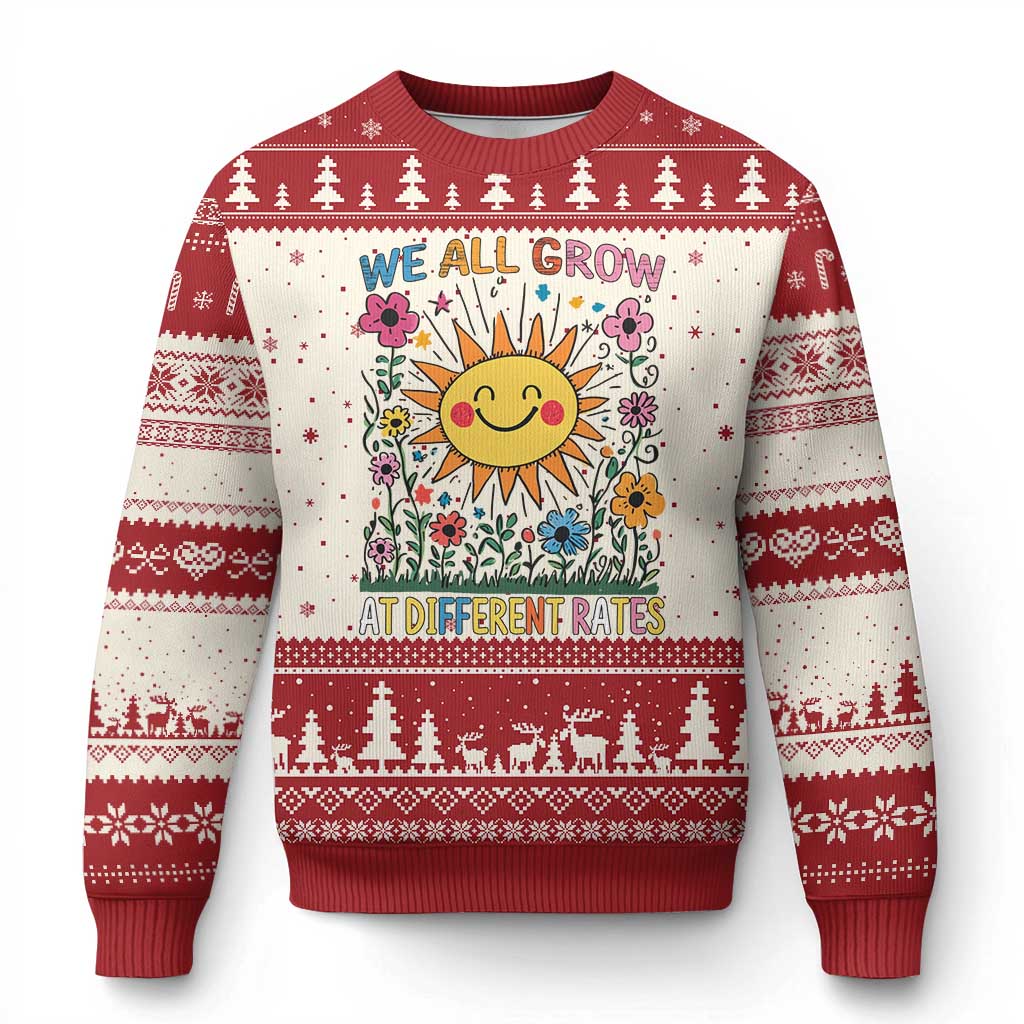 Special Education Ugly Christmas Sweater We All Grow At Different Rates Inspirational Inclusion Sped Teacher TS02 Beige Red Print Your Wear