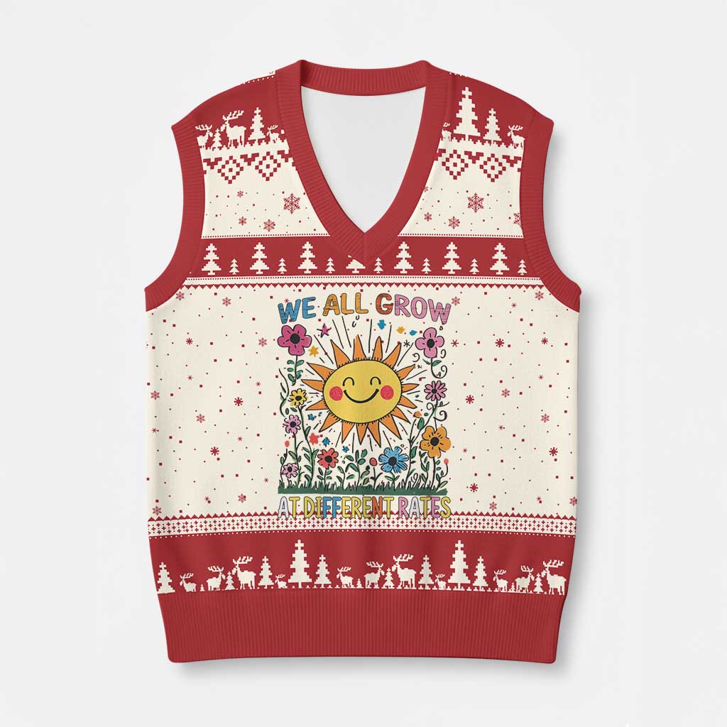 Special Education V-Neck Knit Sweater Vest We All Grow At Different Rates Inspirational Inclusion Sped Teacher TS02 Beige Red Print Your Wear