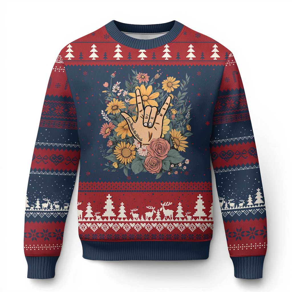 Special Education Ugly Christmas Sweater Sign Language ASL Love Needs No Words TS02 Navy Red Print Your Wear