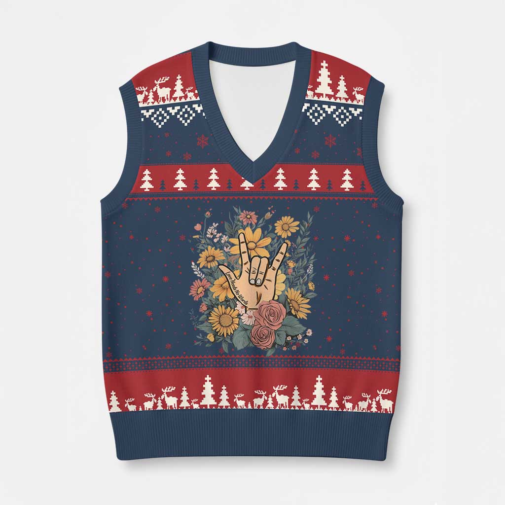 Special Education V-Neck Knit Sweater Vest Sign Language ASL Love Needs No Words TS02 Navy Red Print Your Wear