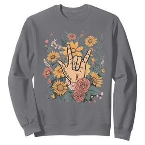 Special Education Sweatshirt Sign Language ASL Love Needs No Words TS02 Charcoal Print Your Wear