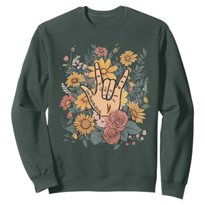 Special Education Sweatshirt Sign Language ASL Love Needs No Words TS02 Dark Forest Green Print Your Wear
