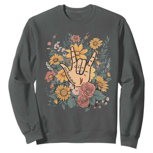 Special Education Sweatshirt Sign Language ASL Love Needs No Words TS02 Dark Heather Print Your Wear