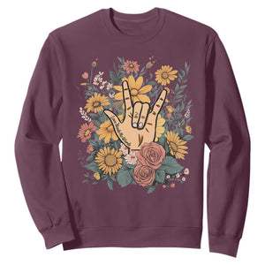 Special Education Sweatshirt Sign Language ASL Love Needs No Words TS02 Maroon Print Your Wear