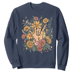 Special Education Sweatshirt Sign Language ASL Love Needs No Words TS02 Navy Print Your Wear
