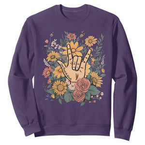 Special Education Sweatshirt Sign Language ASL Love Needs No Words TS02 Purple Print Your Wear