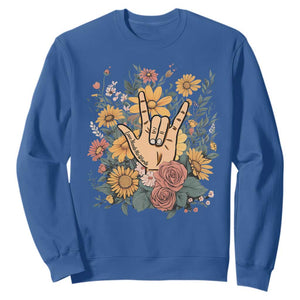 Special Education Sweatshirt Sign Language ASL Love Needs No Words TS02 Royal Blue Print Your Wear