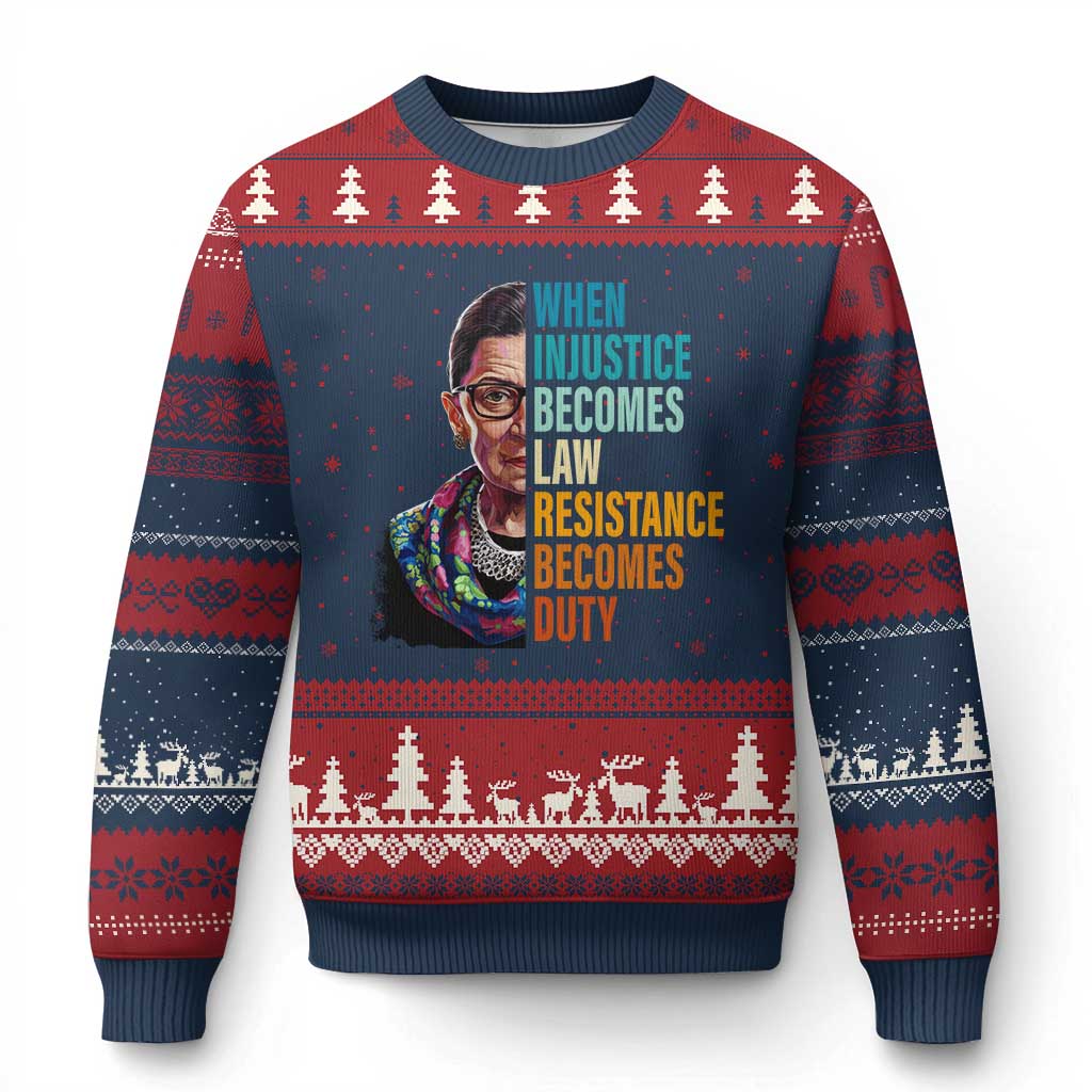 Inspirational RBG Ugly Christmas Sweater When Injustice Becomes Law Resistance Becomes Duty TS02 Navy Red Print Your Wear