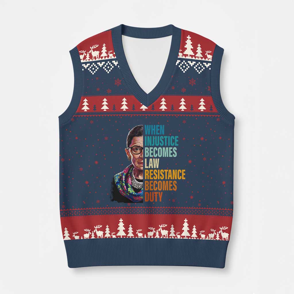 Inspirational RBG V-Neck Knit Sweater Vest When Injustice Becomes Law Resistance Becomes Duty TS02 Navy Red Print Your Wear