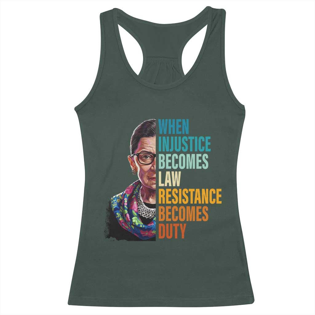 Inspirational RBG Racerback Tank Top When Injustice Becomes Law Resistance Becomes Duty TS02 Dark Forest Green Print Your Wear