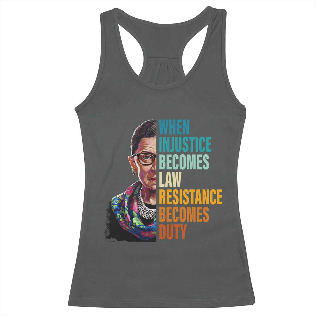 Inspirational RBG Racerback Tank Top When Injustice Becomes Law Resistance Becomes Duty TS02 Dark Heather Print Your Wear