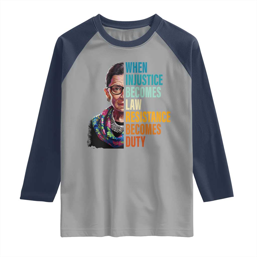 Inspirational RBG Raglan Shirt When Injustice Becomes Law Resistance Becomes Duty TS02 Sport Gray Navy Print Your Wear