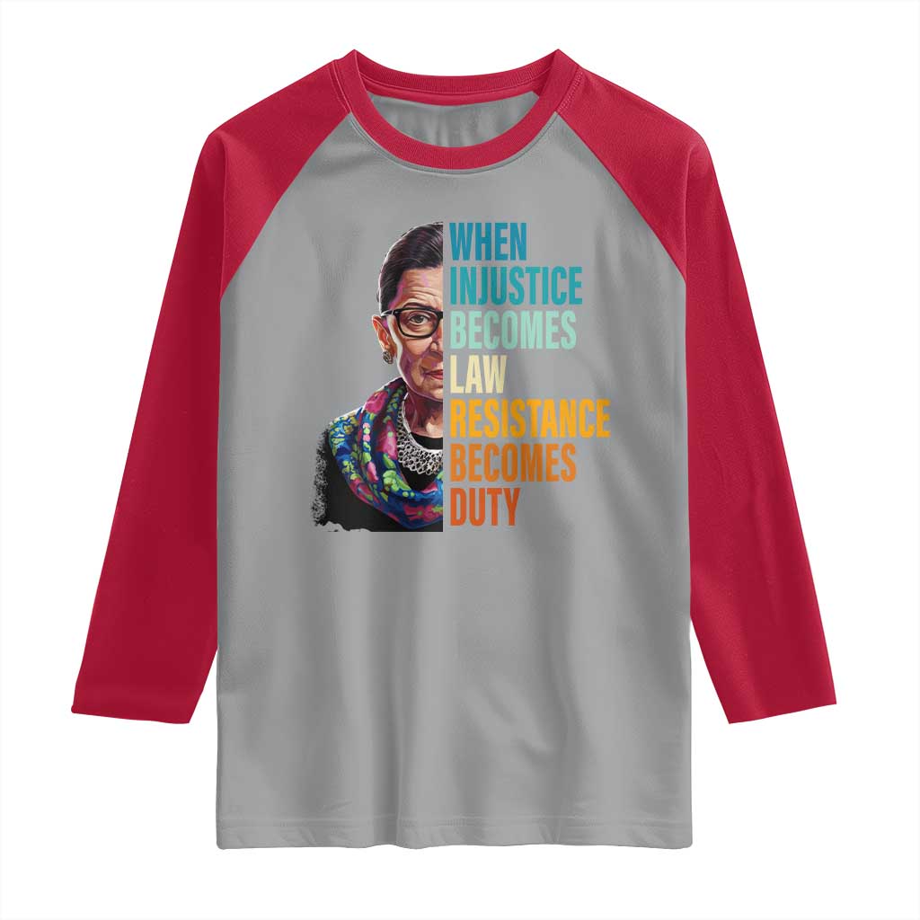 Inspirational RBG Raglan Shirt When Injustice Becomes Law Resistance Becomes Duty TS02 Sport Gray Red Print Your Wear
