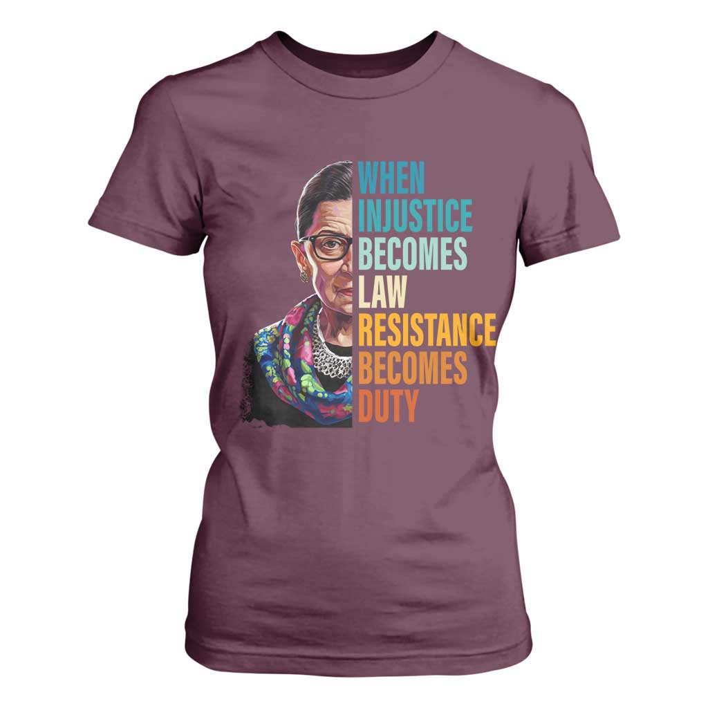 Inspirational RBG T Shirt For Women When Injustice Becomes Law Resistance Becomes Duty TS02 Maroon Print Your Wear