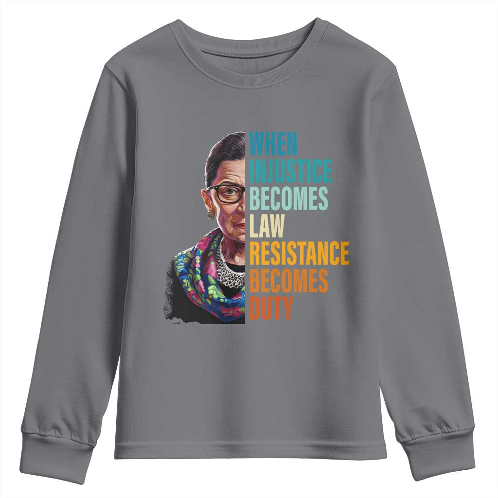 Inspirational RBG Youth Sweatshirt When Injustice Becomes Law Resistance Becomes Duty TS02 Charcoal Print Your Wear