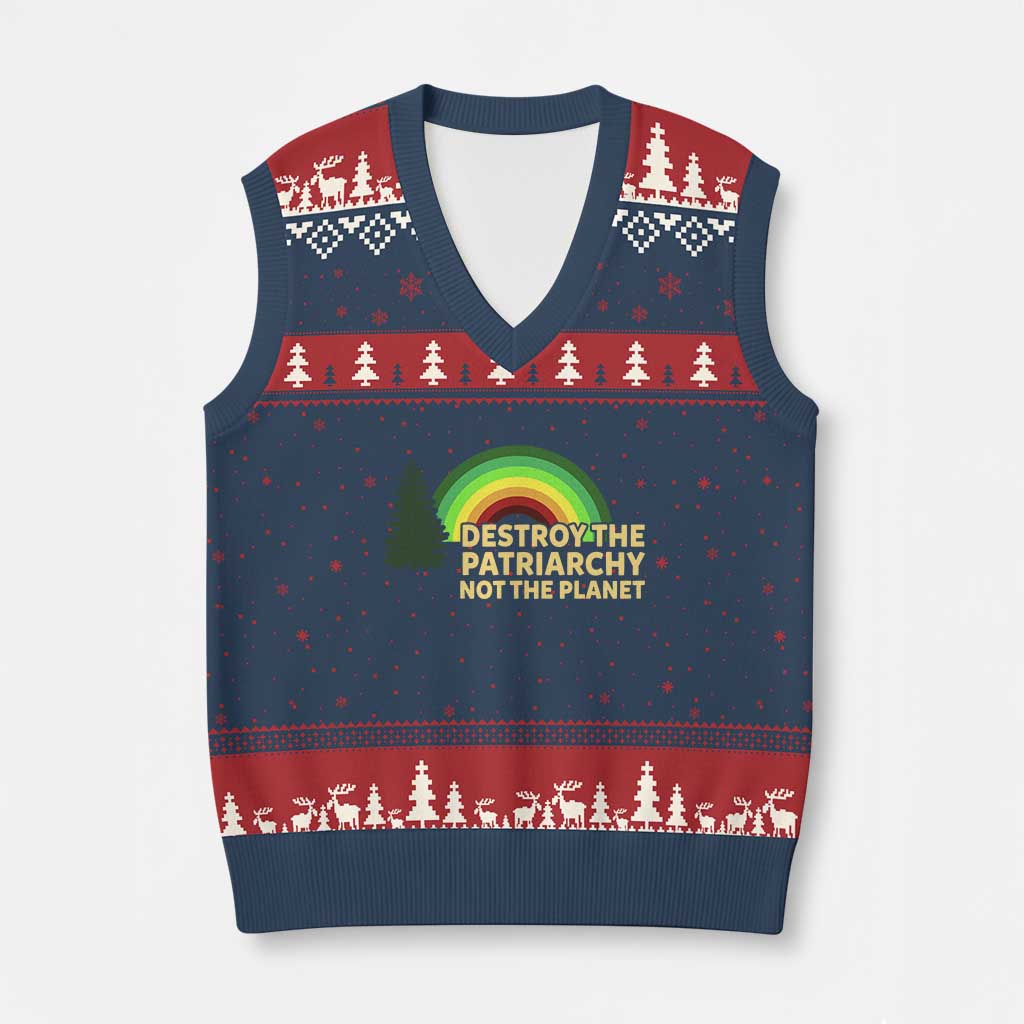 Feminist V-Neck Knit Sweater Vest Destroy The Patriarchy Not The Planet Feminism TS02 Navy Red Print Your Wear
