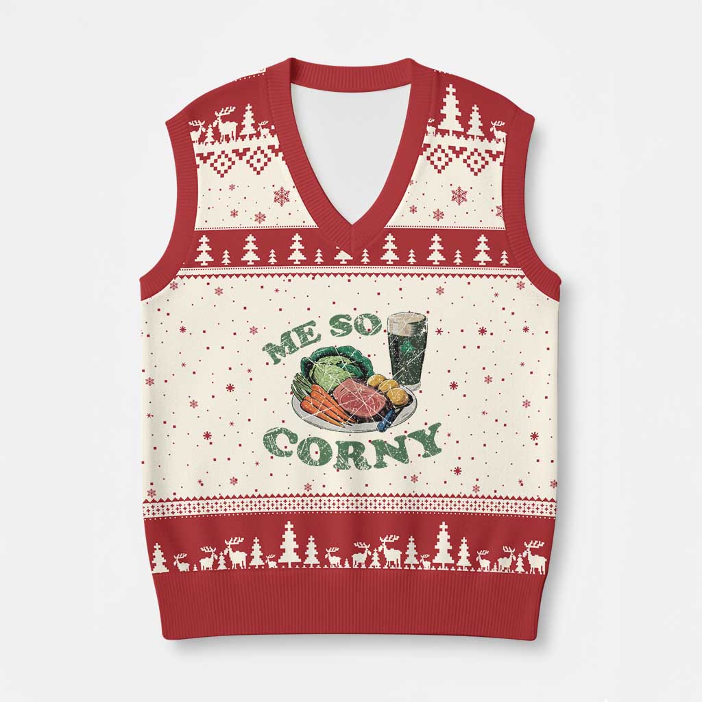 Funny Me So Corny V-Neck Knit Sweater Vest Corned Beef And Cabbage Beer St Patrick's Day Drinking TS02 Beige Red Print Your Wear
