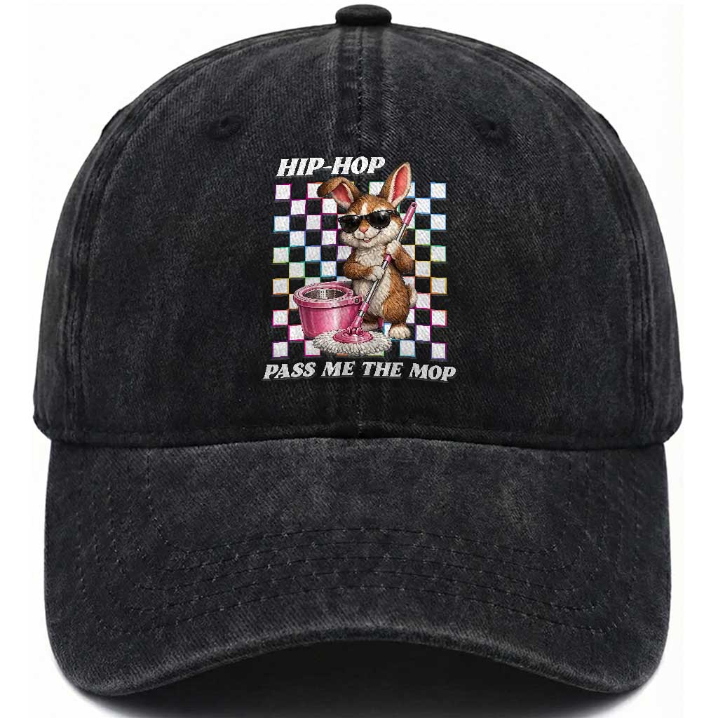 Hip Hop Easter Bunny Cleaning Pun Washed Cotton Baseball Cap Funny Rabbit with Mop
