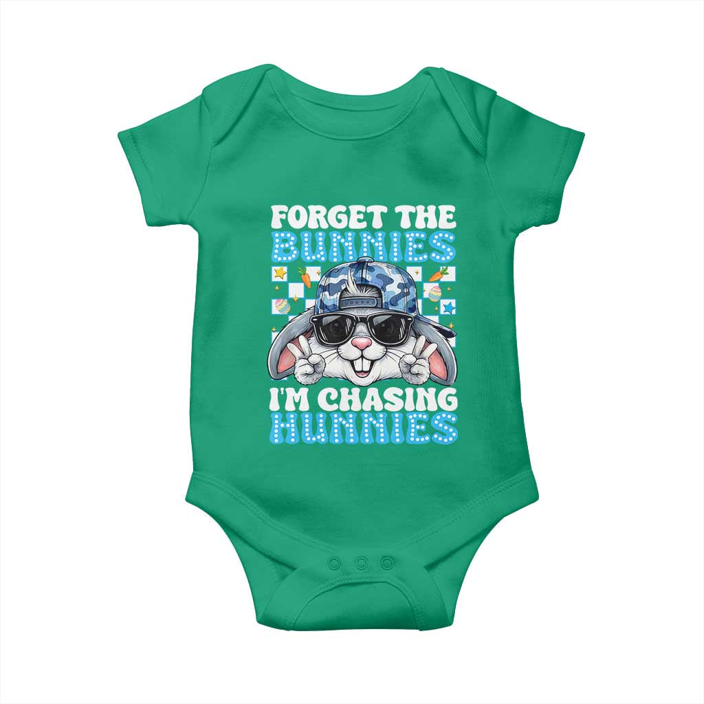 Funny Easter Bunny Forget the Bunnies I’m Chasing Hunnies Baby Onesie Cool Rabbit with Sunglasses & Hat Humor TS02 Irish Green Print Your Wear