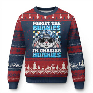 Funny Easter Bunny Forget the Bunnies I’m Chasing Hunnies Ugly Christmas Sweater Cool Rabbit with Sunglasses & Hat Humor TS02 Navy Red Print Your Wear