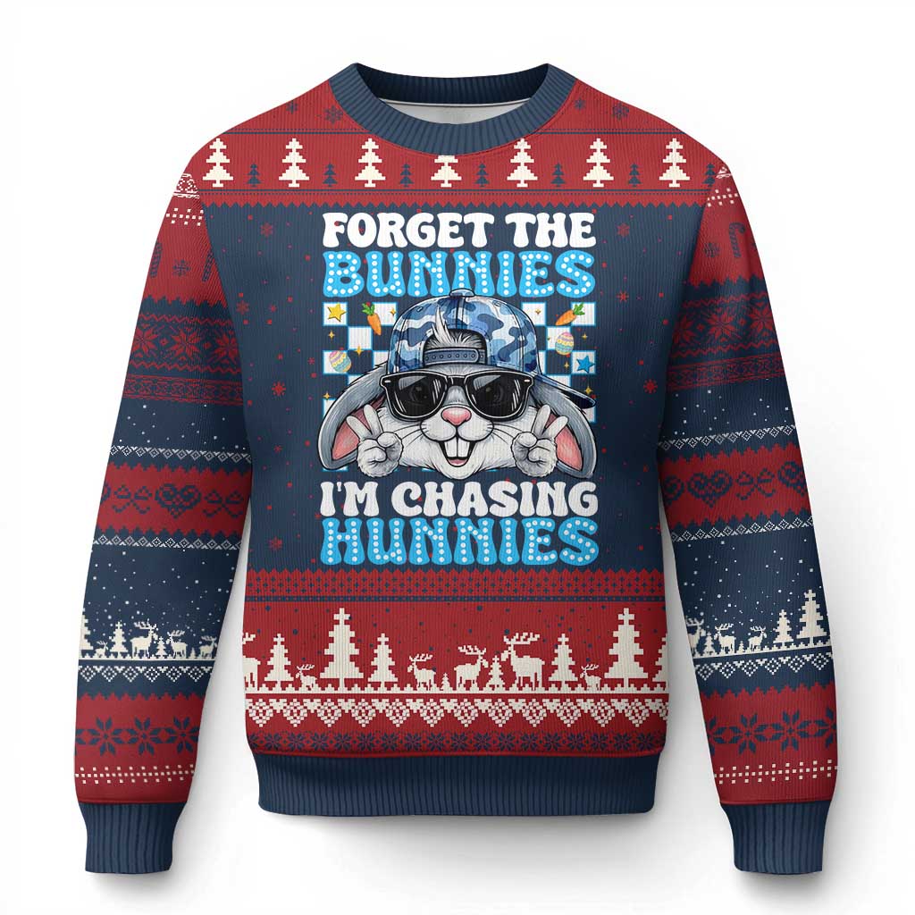 Funny Easter Bunny Forget the Bunnies I’m Chasing Hunnies Ugly Christmas Sweater Cool Rabbit with Sunglasses & Hat Humor TS02 Navy Red Print Your Wear