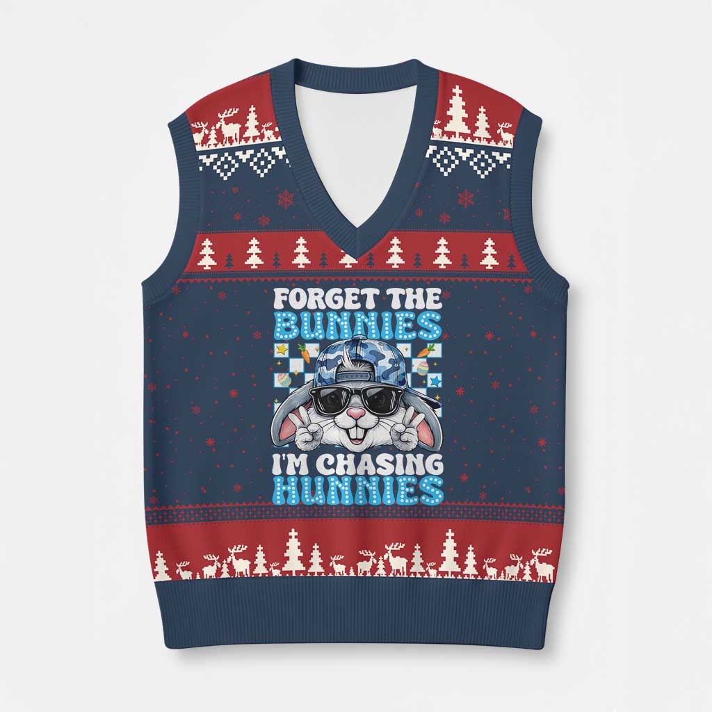 Funny Easter Bunny Forget the Bunnies I’m Chasing Hunnies V-Neck Knit Sweater Vest Cool Rabbit with Sunglasses & Hat Humor TS02 Navy Red Print Your Wear