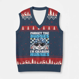 Funny Easter Bunny Forget the Bunnies I’m Chasing Hunnies V-Neck Knit Sweater Vest Cool Rabbit with Sunglasses & Hat Humor TS02 Navy Red Print Your Wear