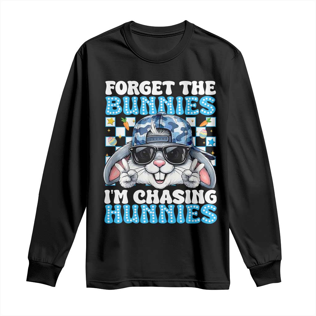 Funny Easter Bunny Forget the Bunnies I’m Chasing Hunnies Long Sleeve Shirt Cool Rabbit with Sunglasses & Hat Humor TS02 Black Print Your Wear