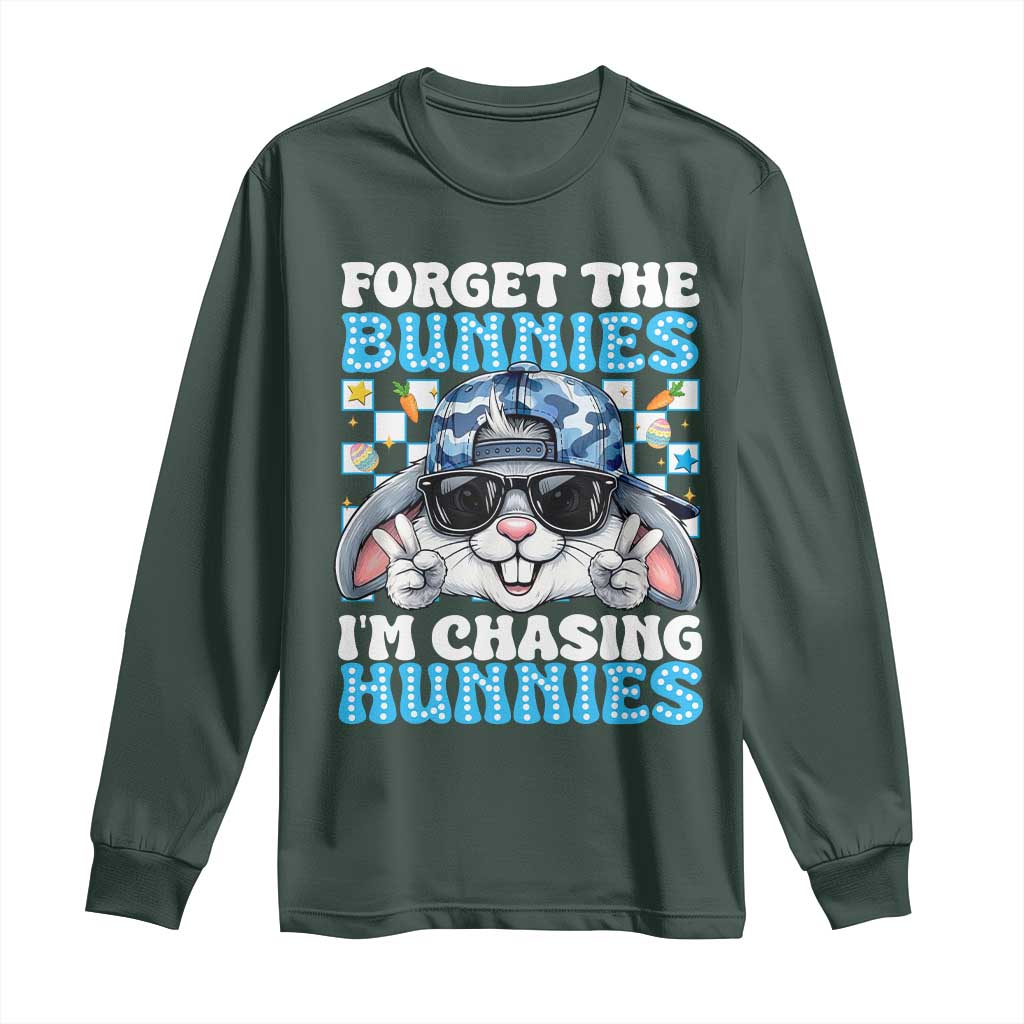 Funny Easter Bunny Forget the Bunnies I’m Chasing Hunnies Long Sleeve Shirt Cool Rabbit with Sunglasses & Hat Humor TS02 Dark Forest Green Print Your Wear