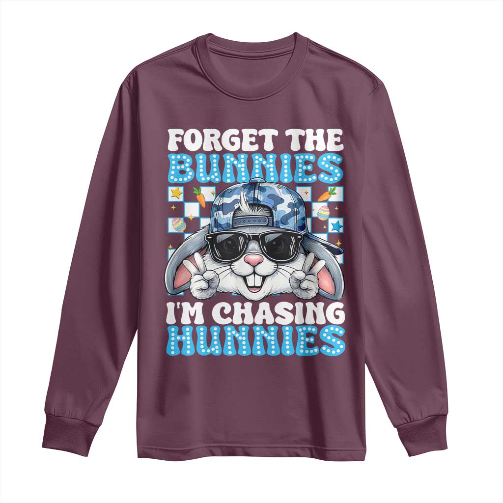 Funny Easter Bunny Forget the Bunnies I’m Chasing Hunnies Long Sleeve Shirt Cool Rabbit with Sunglasses & Hat Humor TS02 Maroon Print Your Wear