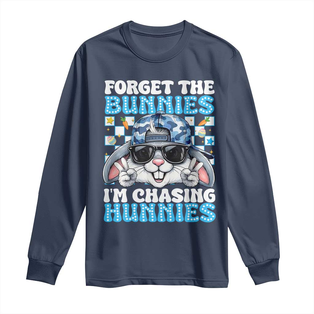 Funny Easter Bunny Forget the Bunnies I’m Chasing Hunnies Long Sleeve Shirt Cool Rabbit with Sunglasses & Hat Humor TS02 Navy Print Your Wear