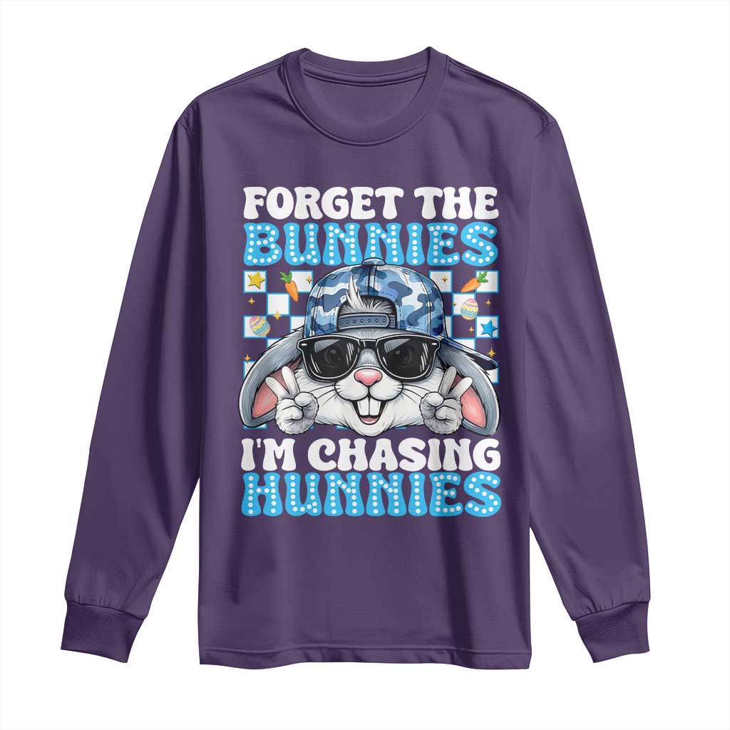 Funny Easter Bunny Forget the Bunnies I’m Chasing Hunnies Long Sleeve Shirt Cool Rabbit with Sunglasses & Hat Humor TS02 Purple Print Your Wear